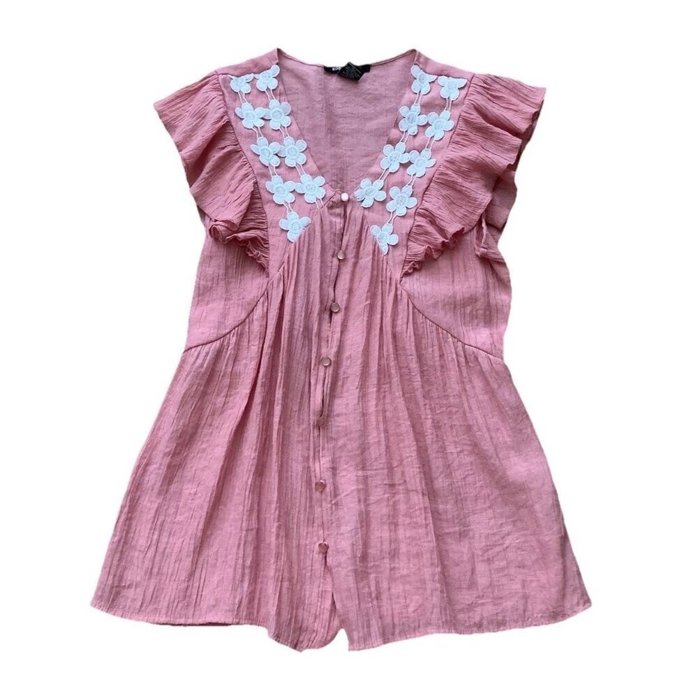 Robert Louis Ruffled Baby Doll Top Pink Dusty Rose Size Small Floral Trim